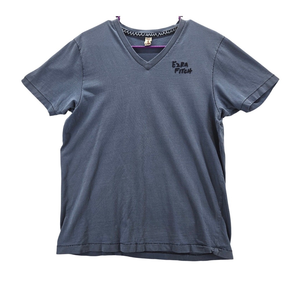 Y2K Ezra Fitch Abercrombie Mens V-Neck T-Shirt Blue Embroidered Logo Cotton L